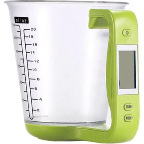 Verre doseur électronique multifonction pour cuisine, avec écran LCD amovible, permettant de mesurer le poids, la température et le volume. Couleur verte. (1/4)