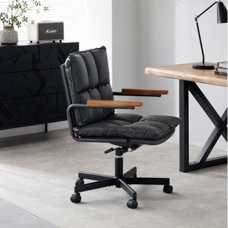 Sedia ufficio ergonomica in cuoio rigenerato nero, girevole a 360°, altezza regolabile, stile mid-century per home office e studio – CHICFURN (1/5)
