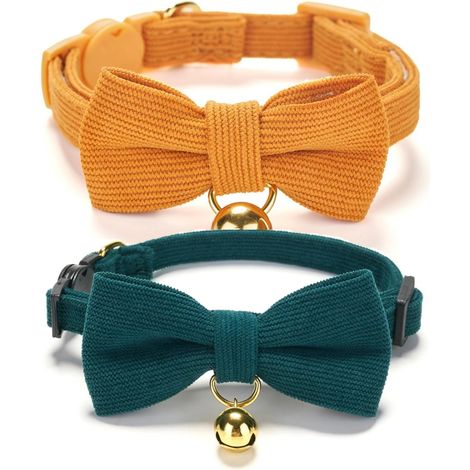 Lot de 2 colliers pour chat en velours côtelé doux avec nœud papillon et grelot – Collier réglable avec fermoir de sécurité pour chatons (Orange et Vert) (1/5)