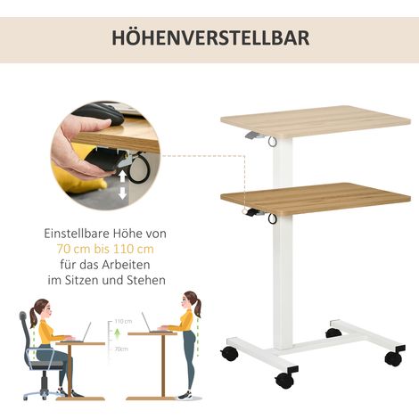 Bureau assis-debout ajustable en hauteur sur roulettes, forme en C, 65x48x70-110 cm, couleur bois naturel et blanc (1/4)