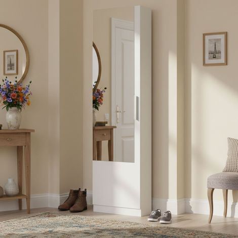 Dmora Zapatero con puerta batiente espejo, color blanco, Medidas 50 x 180 x 22 cm, con embalaje reforzado (1/5)
