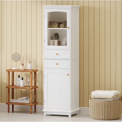 Armario de baño 45x36x160 cm blanco en MDF y vidrio con 2 armarios, 2 cajones y estante ajustable (1/5)