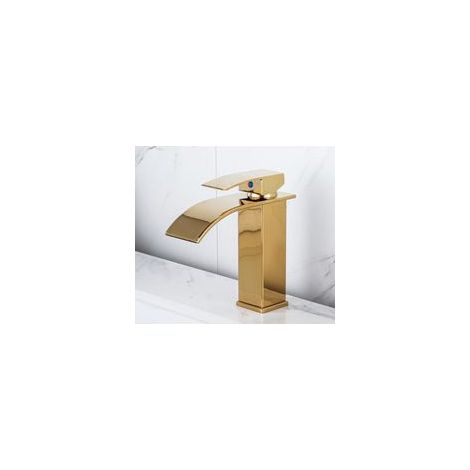 Grifo de cascada lacado en oro para fregaderos de encimera de agua fría y caliente y armarios de baño grifo monomando grifo de lavabo tipo cascada grifo mezclador tipo cascada grifo de baño monomando 