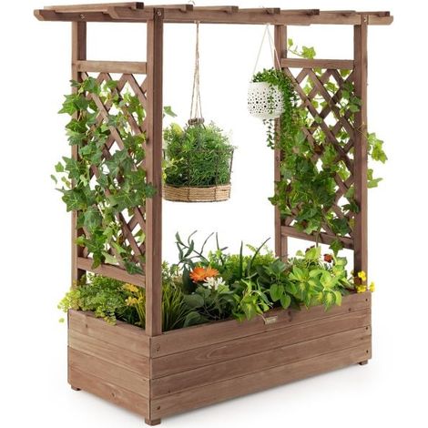 Bac de culture surélevé en bois marron avec treillis et toit suspendu 110 x 44 x 113,5 cm, bac à fleurs pour plantes grimpantes et paniers suspendus en sapin naturel (1/5)