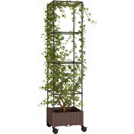 Jardinière Potager Surélevée avec Treillis Bac à Fleurs 20L à Auto-Irrigation 4 Roulettes Balcon Terrasse Marron (1/5)