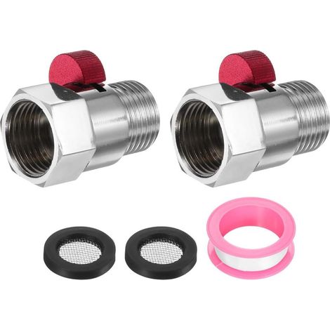 Set aus 2 G1/2"-Absperrventilen (Innengewinde x Außengewinde), Messing-Durchflussregler für Duschkopf mit Schlauchdurchflussbegrenzer, rot (1/5)