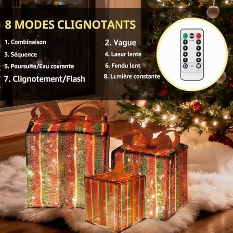 Lot de 3 boîtes cadeaux de Noël à rayures, 50 boîtes cadeaux lumineuses LED avec minuterie et télécommande, 8 boîtes cadeaux lumineuses Modos pour décorer votre sapin de Noël. (1/4)