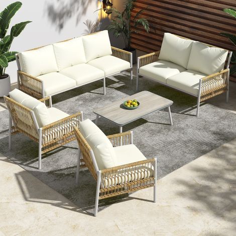 Ensemble de jardin 7 places beige – Rotin PE, cadre acier galvanisé, table verre imitation bois, coussins lavables (1/5)