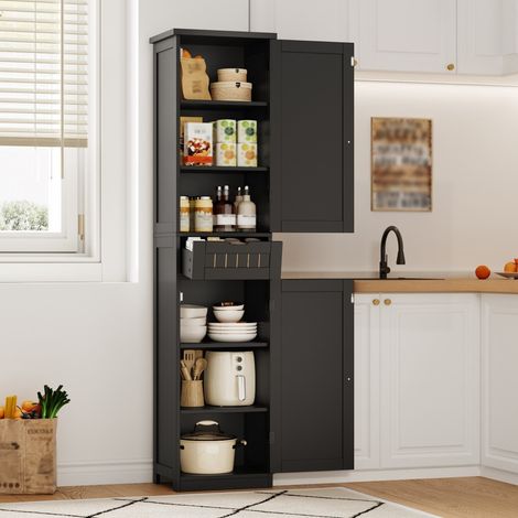 Buffet Haut de Cuisine 40x30x170 cm - Colonne de Rangement 2 Portes Persiennes et 1 Tiroir - Armoire Étroite en Bois MDF - Noir (1/5)