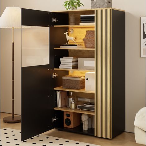 Mueble almacenamiento salón con LED y vidrio alto negro OKMYHOME (1/5)