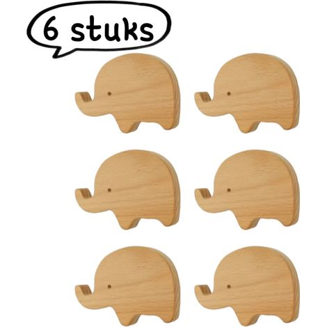 Ensemble de 6 poignées de tiroir et placard en bois de hêtre massif sans perçage avec motif éléphant couleur bois naturel (1/5)