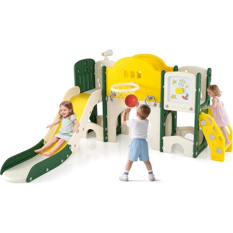 COSTWAY 10 in 1 Set Scivolo per Bambini, Scivolo e Arrampicata con Lavagna Magnetica, Telescopio, Lancio ad Anelli, Canestro da Basket, Tunnel, Parco Giochi per 18 Mesi+ (1/5)
