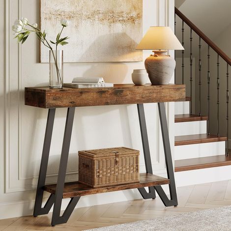 Tribesigns Table console 103 cm avec cadre en métal, marron rustique, table d'entrée, étagères de rangement, 2 niveaux, industrielle, table de canapé, table d'appoint, salon (1/5)