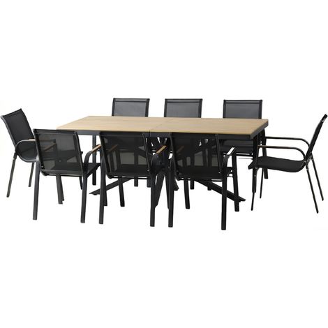 Conjunto de jardín con mesa de 190 cm con efecto madera + 8 sillones ALMADA