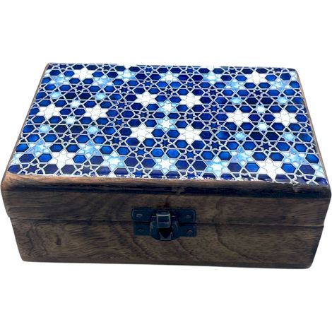 Boîte Moyenne en Bois Verni en Céramique - 15x10x6cm - Étoiles Bleues- Vendu par 1
