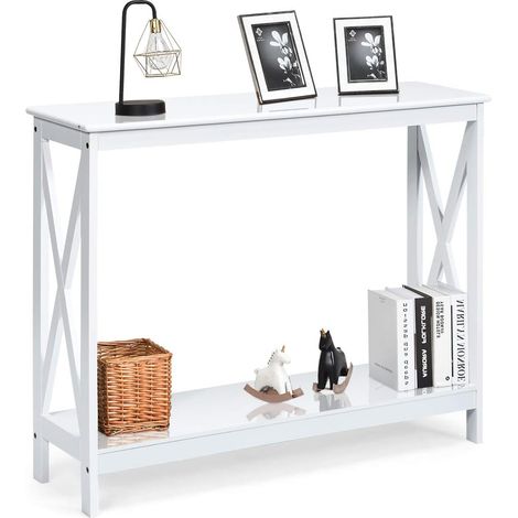 GOPLUS Table Console a 2/3 Niveaux, Meuble d’Entree Etagere de Rangement a 2 Niveaux,100X30X80CM Meuble de Rangement Table de Rangement, pour Salon, Cuisine (2 Niveaux, Blanc) (1/5)