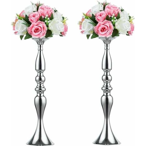 Vase Métallique - Support Pour Bouquet Artificiel Ou Bougie Pilier - Hauteur 50 Cm - Diamètre Base 12,5 Cm - Argent - 2 Pièces (1/5)