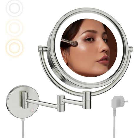 Miroir Grossissant Mural x10 avec Éclairage - 3 Couleurs de Lumière - avec Bras Flexible - Double Face - Miroir Extensible Salle de Bain,Nickel Brossé,Diamètre 20 cm (1/5)