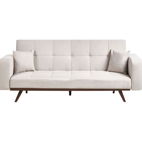 Divano letto a 3 posti imbottito con gambe in ferro trapuntate e braccioli leggermente ricurvi, colore beige chiaro Hjulby (1/4)