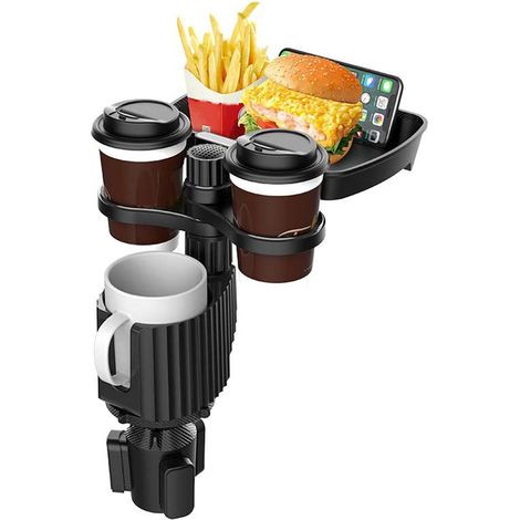 Vassoio portabicchieri per auto - adattatore girevole a 360° - organizer per bevande in auto - elegante nero con portabottiglie - multifunzionale - console stabile e sicura (1/3)