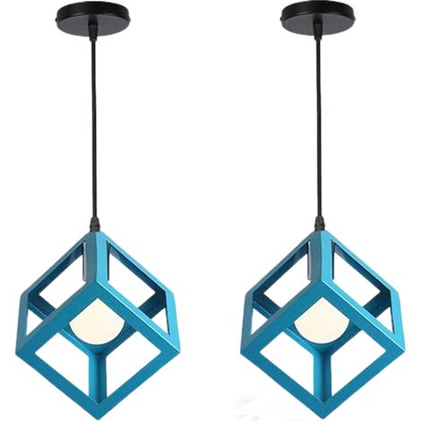 2X Retro Ceiling Lights Modern Hanging Lamp Square Pendant Light (Light Blue) Iron Metal Cage Pendant Light Creative Geometric Ceiling Light
