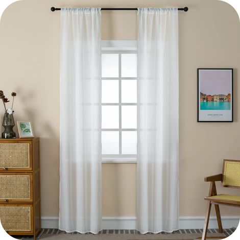 Paire de rideaux filtrants fantaisie à rayures verticales, rideau pour porte fenêtre et intérieur, 2 panneaux avec poche et passants cachés, blanc, 70 x 235 cm (1/5)