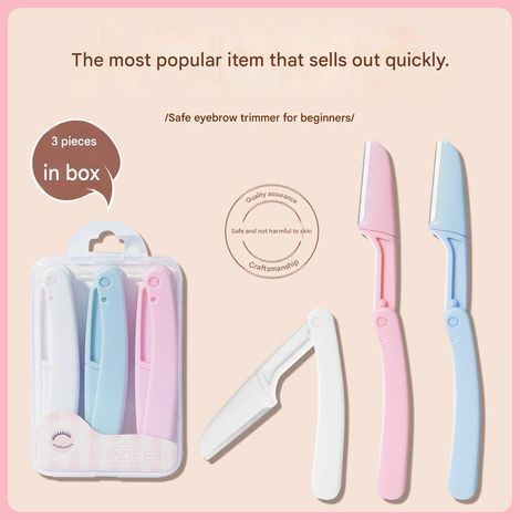 1x Coffret 3 Rasoirs à Sourcils Pliants de Sécurité Anti-Coupure - Kit Débutante avec Lames de Précision, Outil Soin Visage Maquillage - Rose, Blanc, Bleu (1/4)