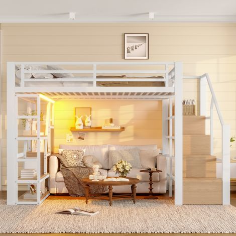 Lit mezzanine moderne 140x200 cm métal et MDF blanc avec marches rangement, étagères, garde-corps et bande LED (1/5)