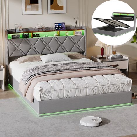 Lit coffre 140x200cm, lit adulte 140x200, lit 140x200 avec sommier LED et USB, tête de lit capitonné avec rangement ouverte, design rivets, Lin Gris foncé (1/5)