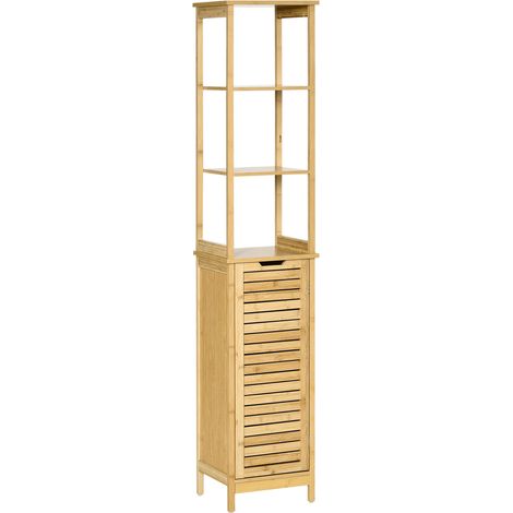 kleankin Meuble colonne de salle de bain avec 3 étagères et placard porte persienne en bambou