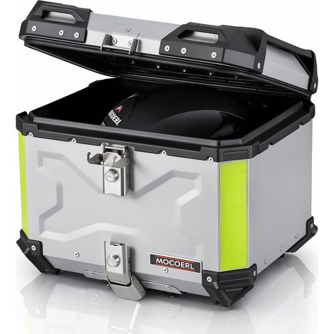 Case Universel pour Moto 45L, avec Dossier et Serrure de Sécurité, Coffre de Rangement pour Casque de Moto Étanche, Aluminium, Support de Fixation Universel (Argent) (1/5)