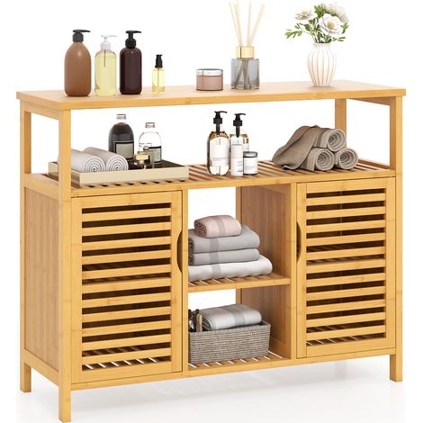 Costway – Meuble bas de salle de bain en bambou 100x35x80 cm – 2 armoires fermées – Étagère ouverte – Kit anti-basculement inclus