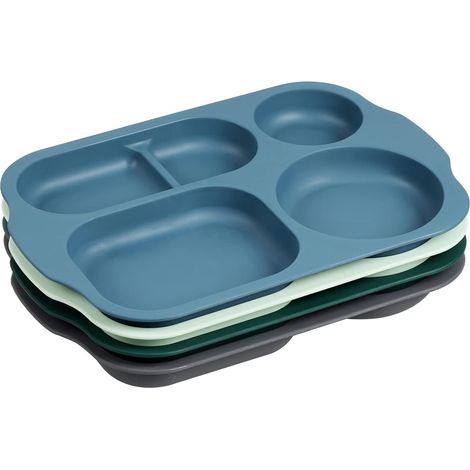 Platos divididos (4 unidades), vajilla de PP de 28 cm con 5 compartimentos, divisores irrompibles para niños y adultos, aptos para microondas y lavavajillas, color oscuro. (1/5)