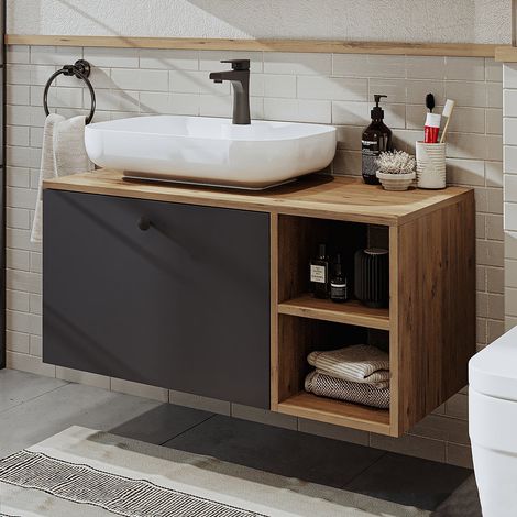 Lotus Vanity Unit 95 cm with Over Counter Wash Basin / Bowl, Oak Effect and Anthracite (1/5)