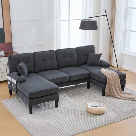 U-förmiges 4-Sitzer Sofa 250x130x88 cm dunkelgrau Leinenstoff mit 2 Chaiselongues, USB/Type-C und Seitentaschen (1/5)