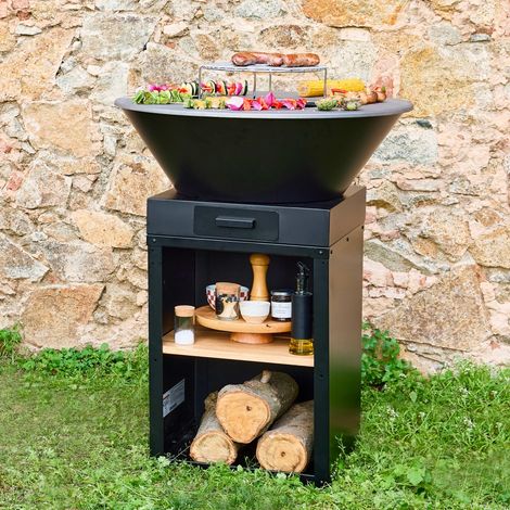 Brasero de cuisson Ø81.5cm avec grille de cuisson. espace de rangement et couvercle noir