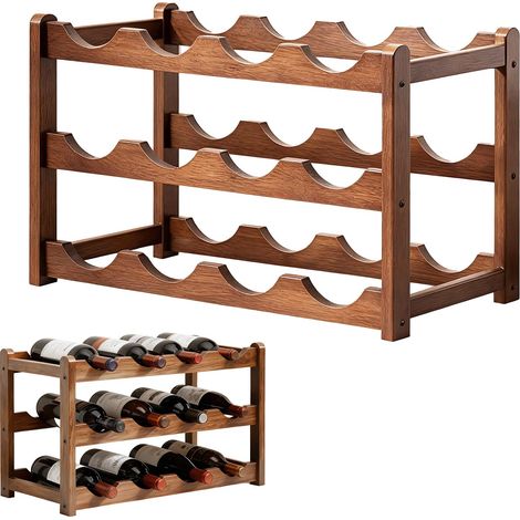 Étagère à vin à trois niveaux en bois, étagère à bouteilles, empilable pour 12 bouteilles, surface sombre, convient pour les armoires à vin, les cuisines, les caves à vin et pour le stockage (1/5)