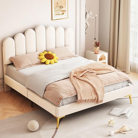 Lit double capitonné 140x190 cm, avec tête de lit en forme de doigt, sommier à lattes, cadre en métal, lit adulte en velours - Beige