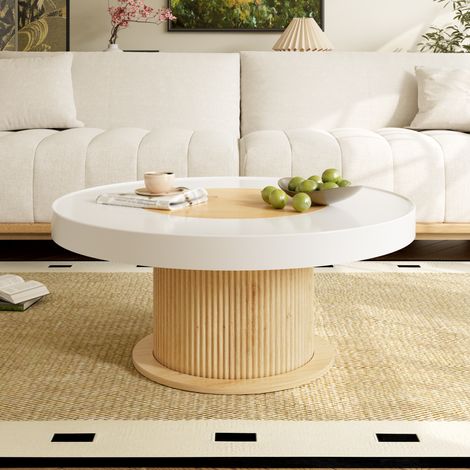 Table basse ronde 75x75x39 cm blanc et naturel, pied cannelé, MDF et PVC, design compact MEUBLIV (1/5)