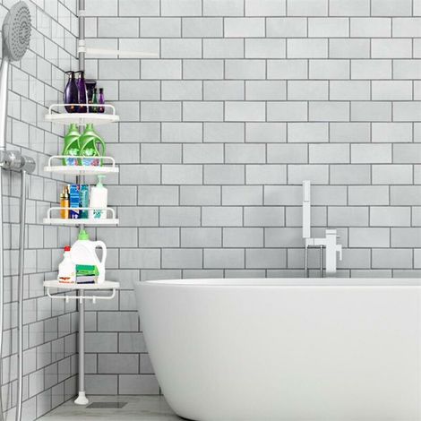 Etagère d'angle de douche télescopique acier inoxydable - polypropylène avec 4 tablettes blanches (1/4)