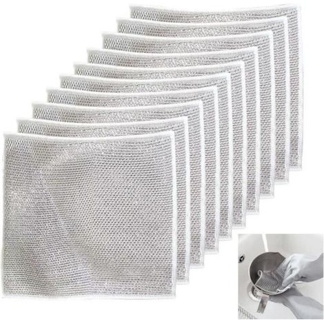 (Silver)Set of 10 Kitchen Towels - Double Layer Nylon Steel Wire Cleaning Cloth Dishwashing Cloth (1/4)