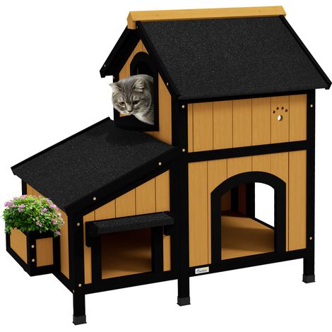 Maison pour chat en bois de sapin 2 étages avec toit bitumé et bac à fleurs, extérieure, 96 x 65 x 85,5 cm, jaune (1/5)
