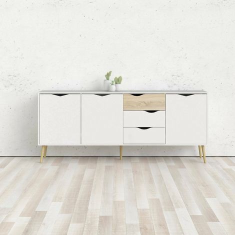 Dmora – Buffet blanc et chêne 3 portes 3 tiroirs – Dimensions 195 x 81 x 39 cm – Résistant aux chocs et rayures – Élégant pour salon ou chambre (1/4)