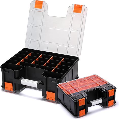 Boîte à outils double face, organiseur de boîte à outils multifonction, 8 petits plateaux mobiles et séparateurs amovibles, plaque de couverture transparente, boîte à outils pour loisirs et (1/5)