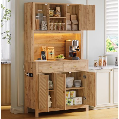 Mueble alto de cocina LED con enchufes, 100 x 40 x 180 cm, MDF natural DESVIAE (1/5)