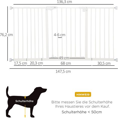 Barrière de sécurité animaux, barrière extensible chien, 74-147,5 cm, 3 panneaux, porte d'escalier métal blanc, sans perçage, installation facile (1/5)
