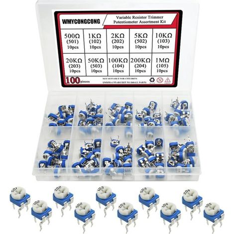 Kit de 100 potentiomètres de 6 mm, réglage par le haut, résistance variable de 500 Ω à 1 MΩ, composants électroniques (1/5)