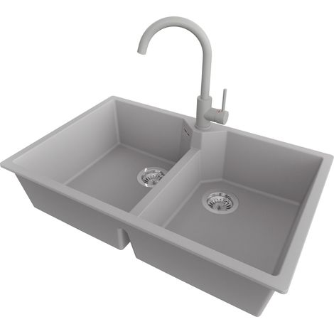 PRIMAGRAN Evier Cuisine en Granit 78x50cm,Lavabo 2 bacs + Robinet 32x20cm + Kit de Vidage, Évier à Encastrer au meuble 80cm - Madrid Twin, Gris (1/5)