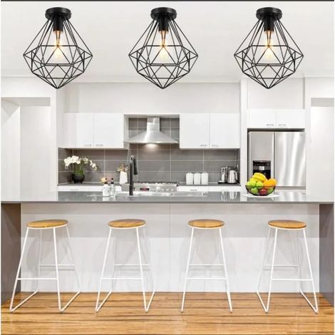 3pcs Plafonnier Industrielle,Lustre Plafonnier Vintage en Cage Fer Forge Style Edison pour Salon Chambre,Ø26cm,Noir (1/4)