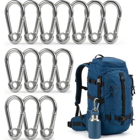14 mousquetons en acier inoxydable 60x30mm Petits mousquetons en acier Porte-clés pour hamacs, camping, pêche, auvents (1/5)